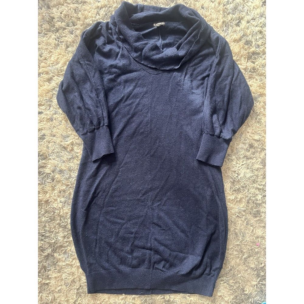 Express Blue Knit Sweater Dress Sz M Cowl Neck Wool Blend